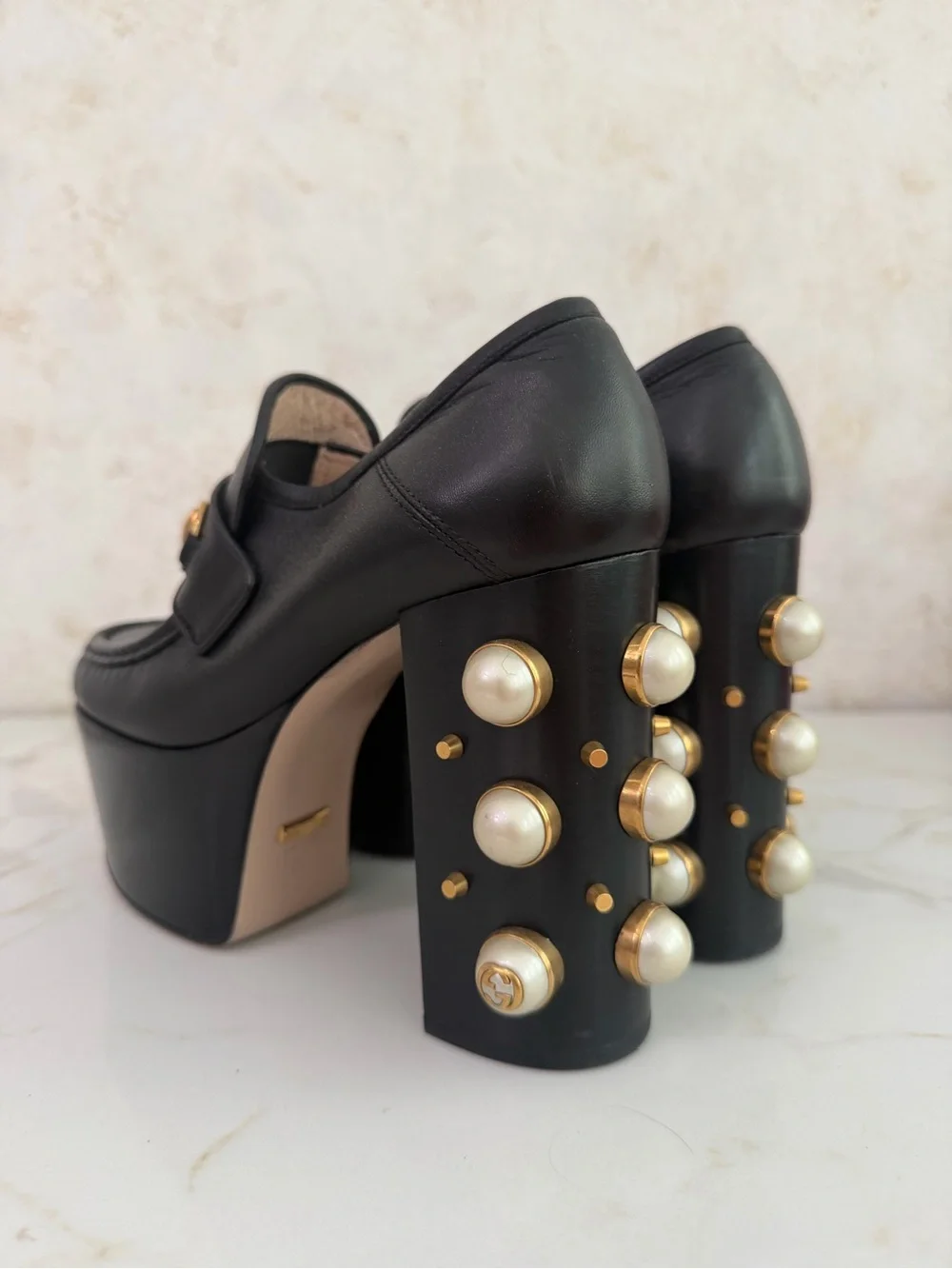 Gucci Black Leather Platform Loafers with Gold Hardware and Pearl Heel Size 38